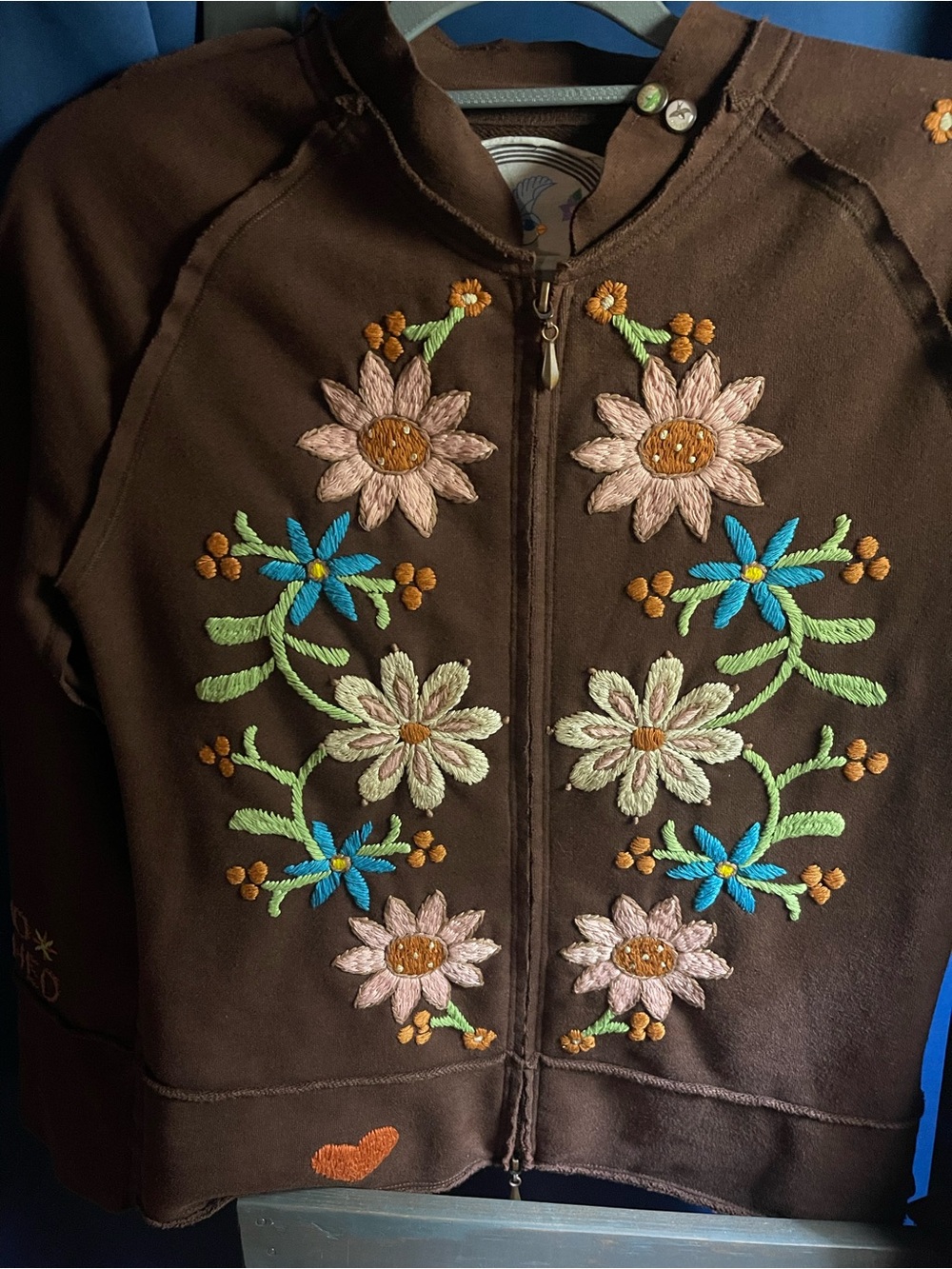 Johnny Was Brown Embroidered Floral Zip-Up Hoodie